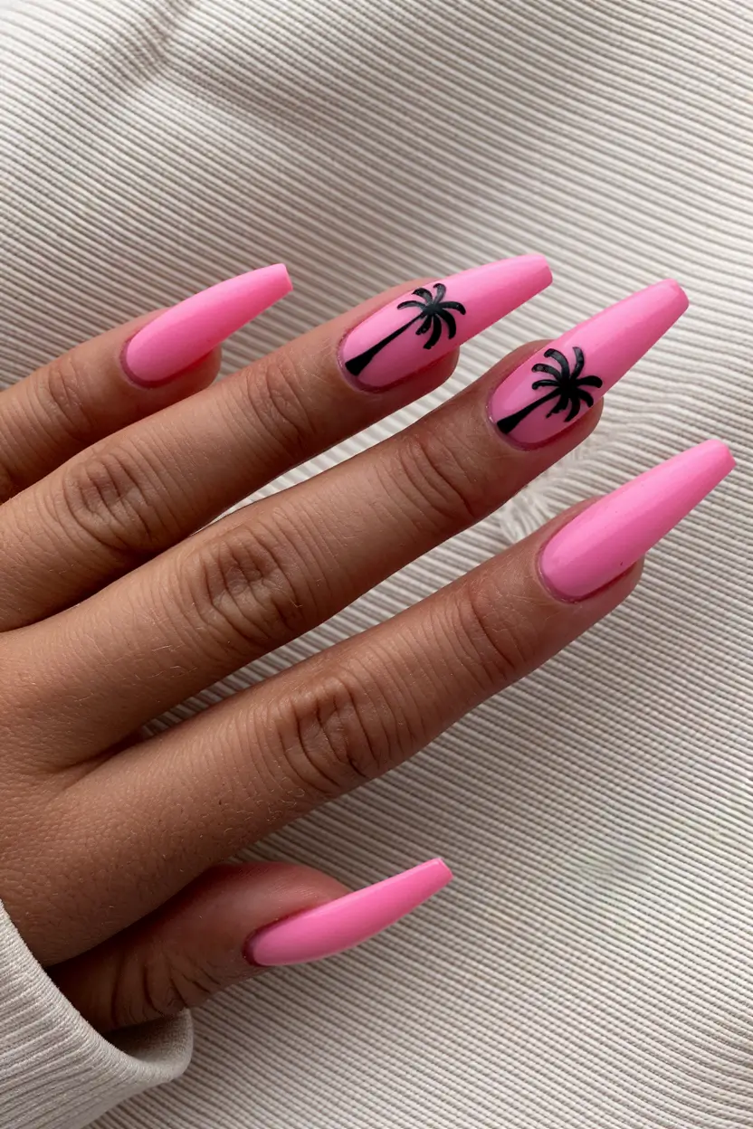 tropical vacation nails ideas 2025+Simple Pink with Palm Detail