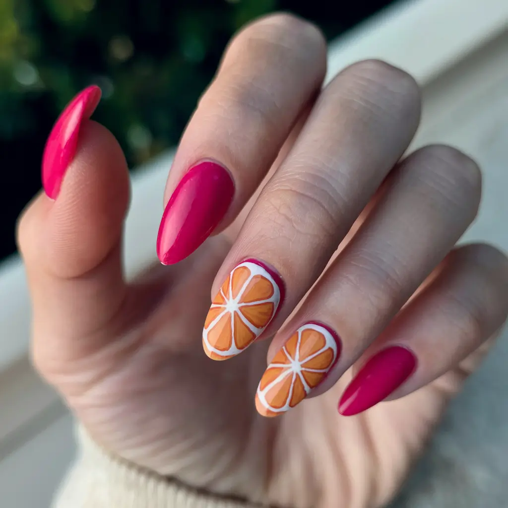 tropical vacation nails ideas 2025+Juicy Citrus Slices & Raspberry Pink