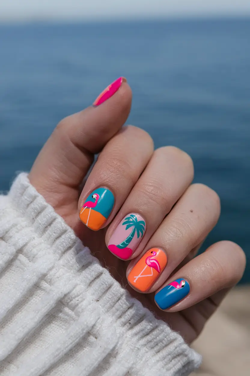 tropical vacation nails ideas 2025+Flamingo Pool Party Set