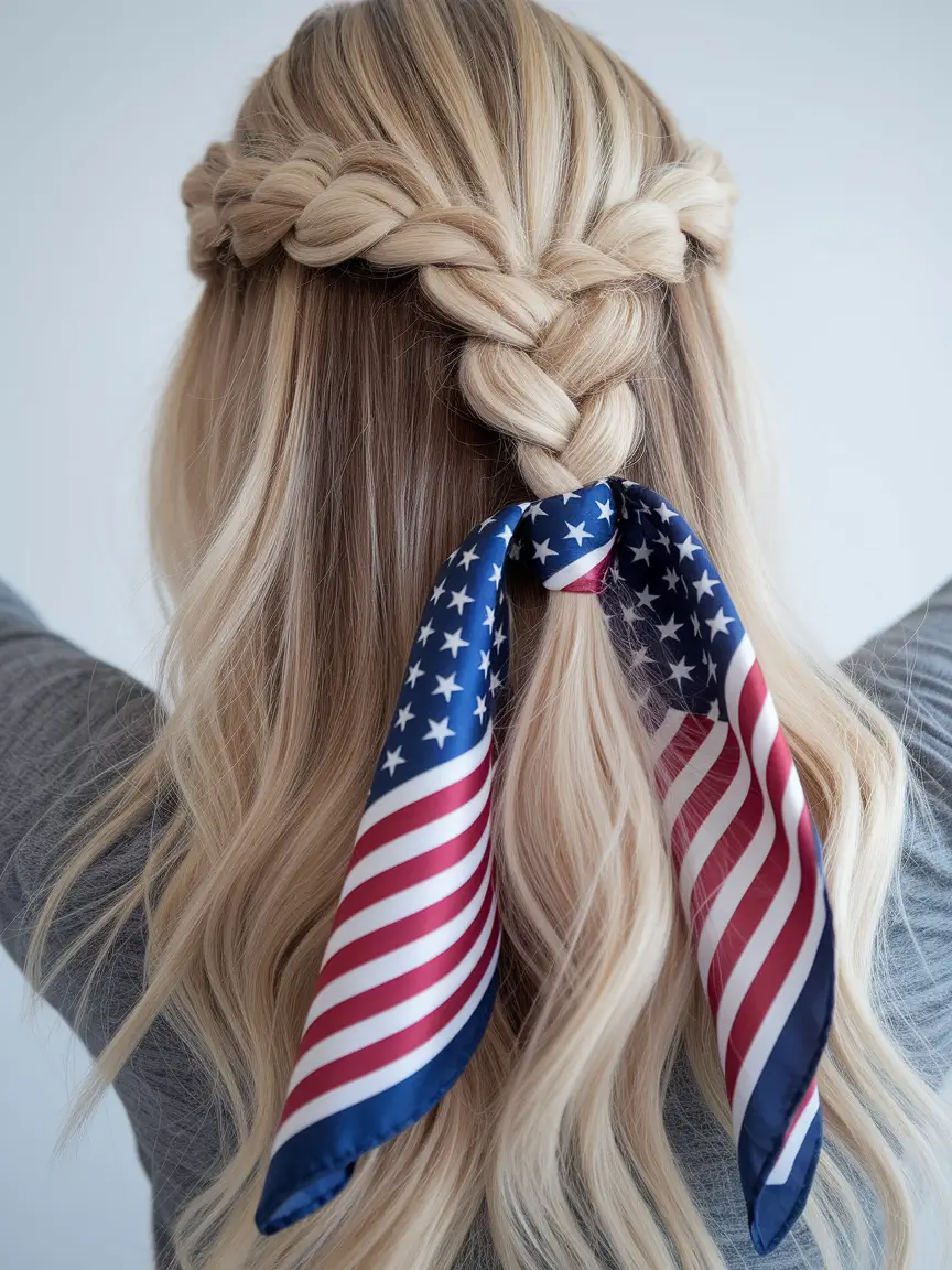 4th of july hair ideas 2025 Half-Up Crown Braid with Flag Tie-Back