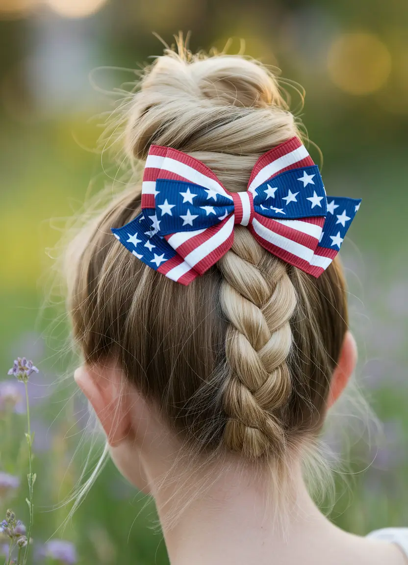 4th of july hair ideas 2025 Upside-Down Braid with a Firecracker Bow