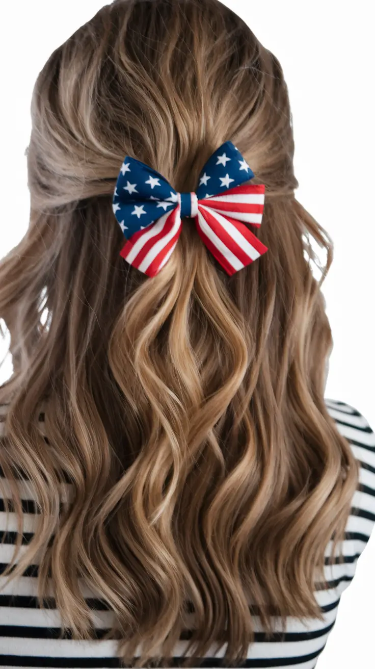 4th of july hair ideas 2025 Half-Up Wavy Style with a Classic Flag Bow