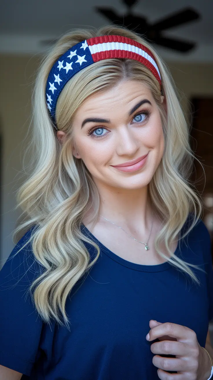 4th of july hair ideas 2025 Classic Waves with Bold Patriotic Band
