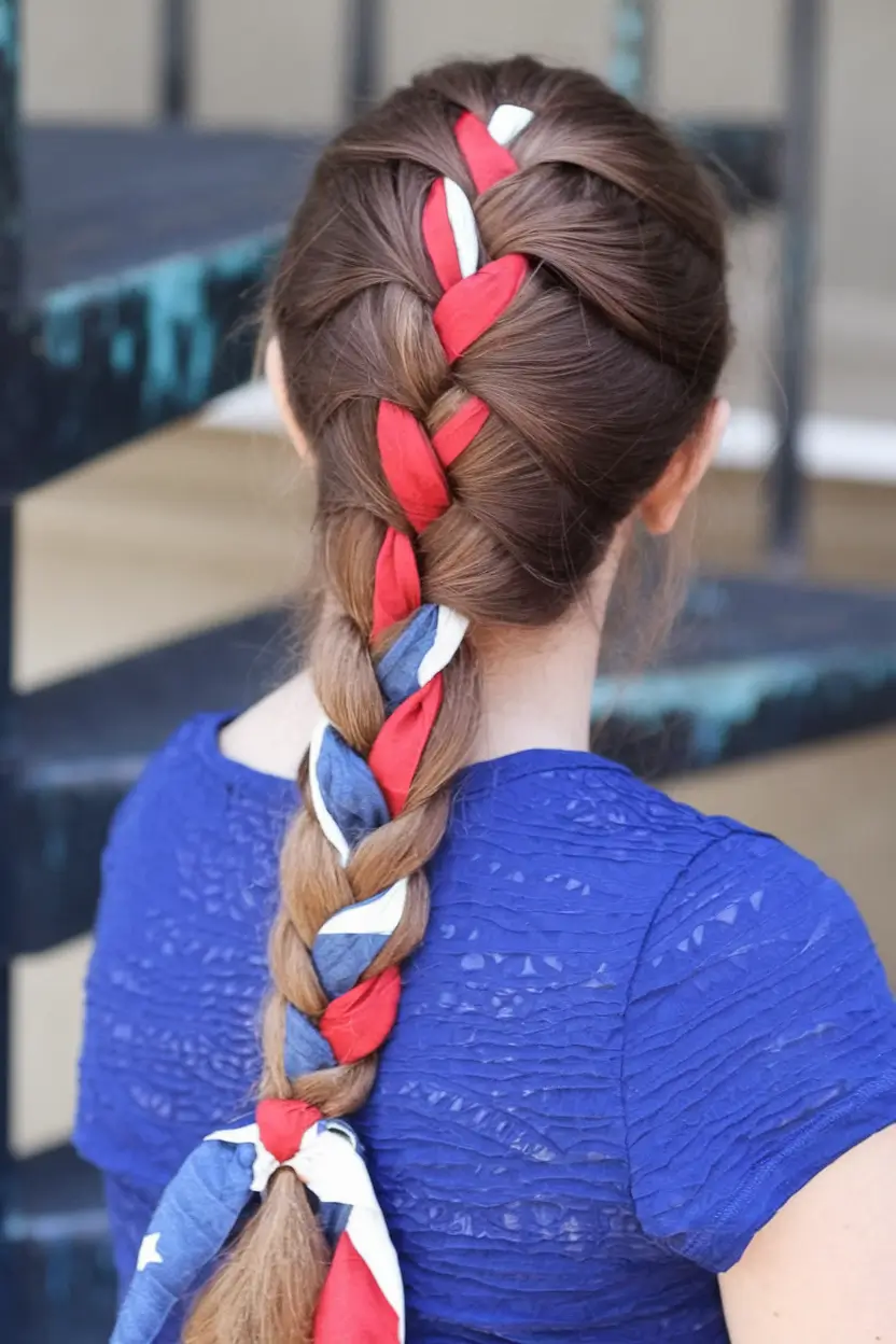 4th of july hair ideas 2025 French Braid With Threaded Flag Ribbons