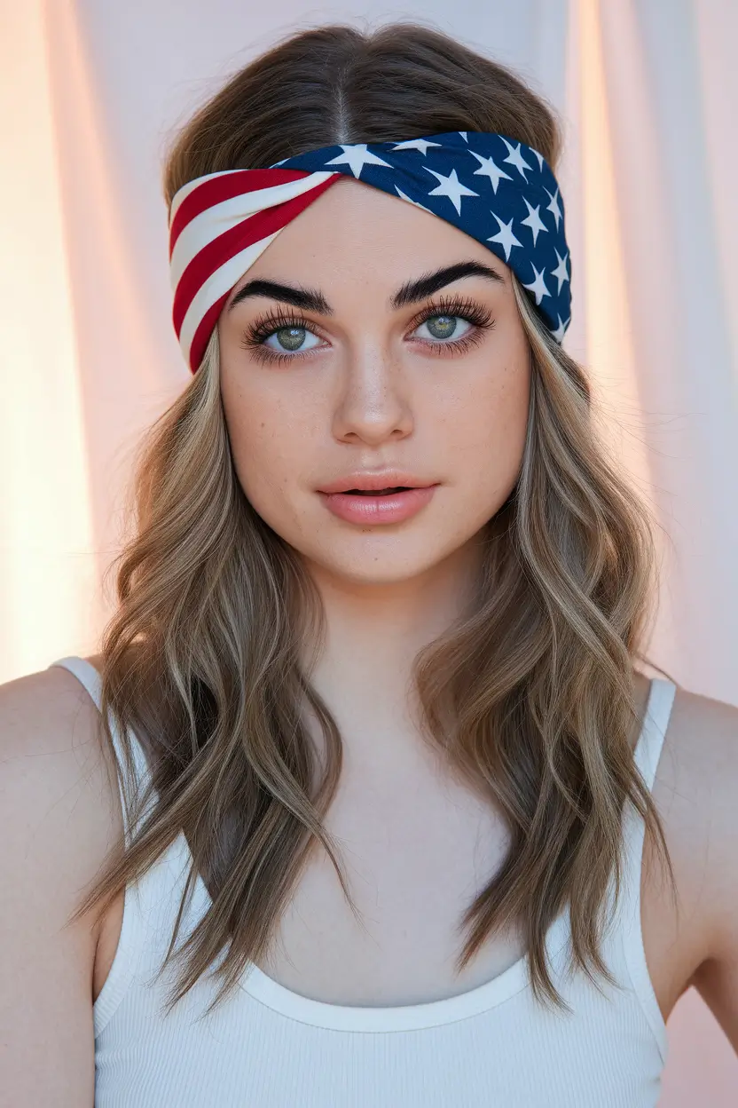 4th of july hair ideas 2025 Soft Wavy Lob with Knotted Headscarf