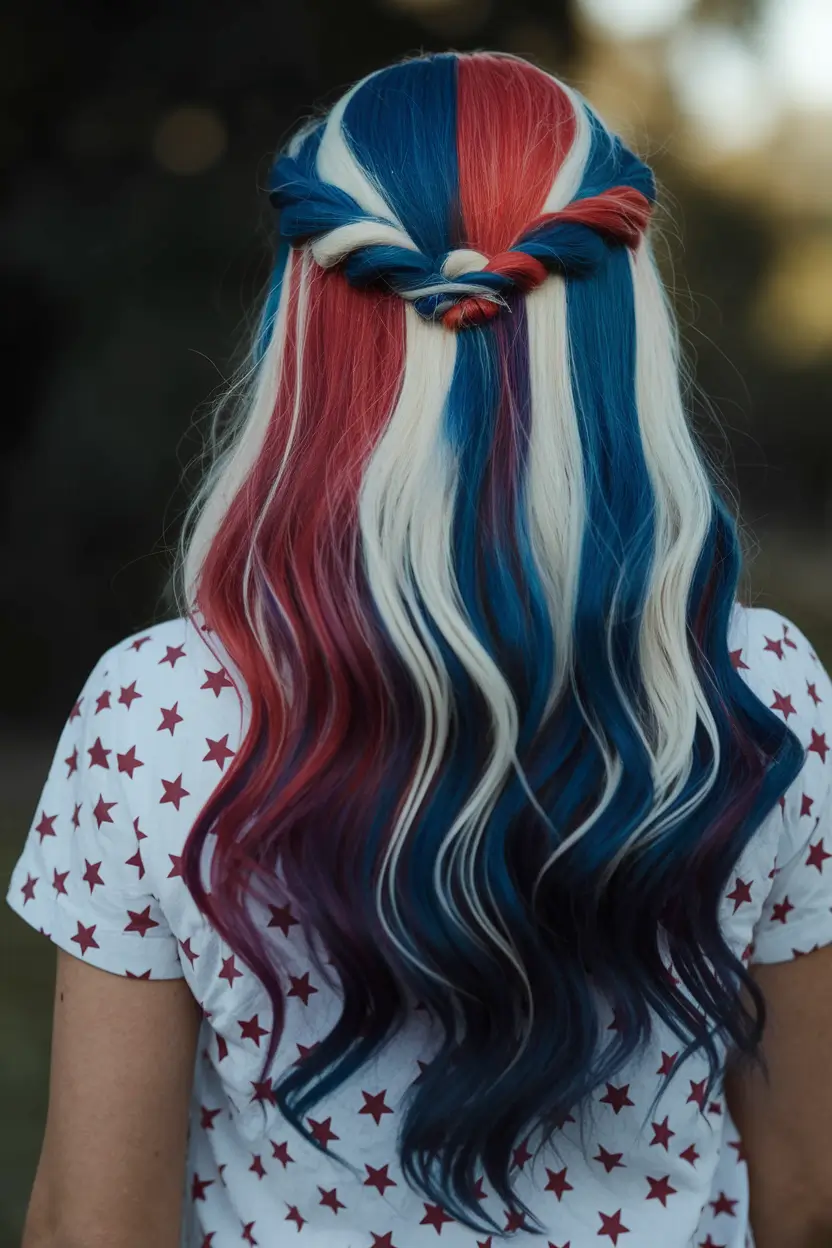 4th of july hair ideas 2025 Red, White, and Blue Waves With a Half-Up Twist
