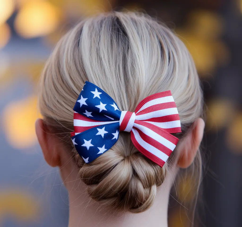 4th of july hair ideas 2025 Elegant Bun with a Patriotic Bow