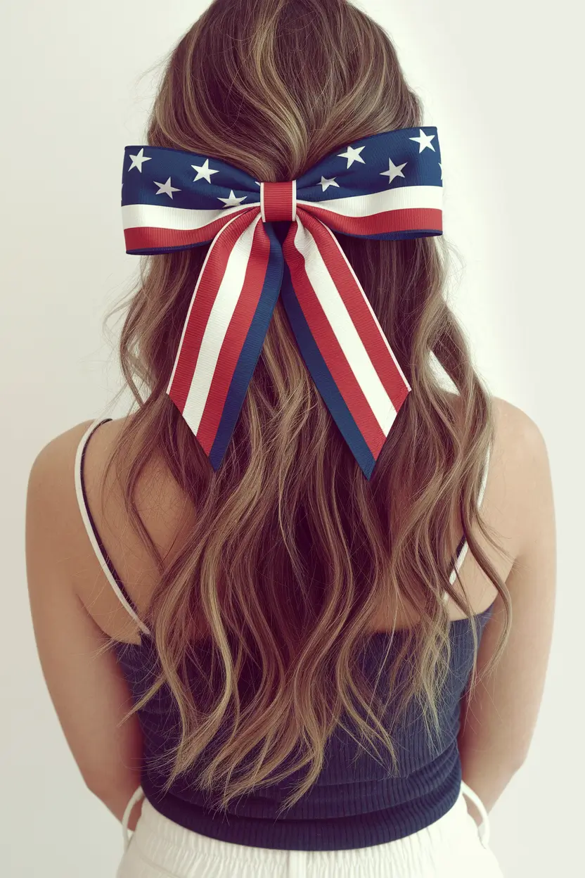 4th of july hair ideas 2025 Oversized Patriotic Bow on Beachy Layers