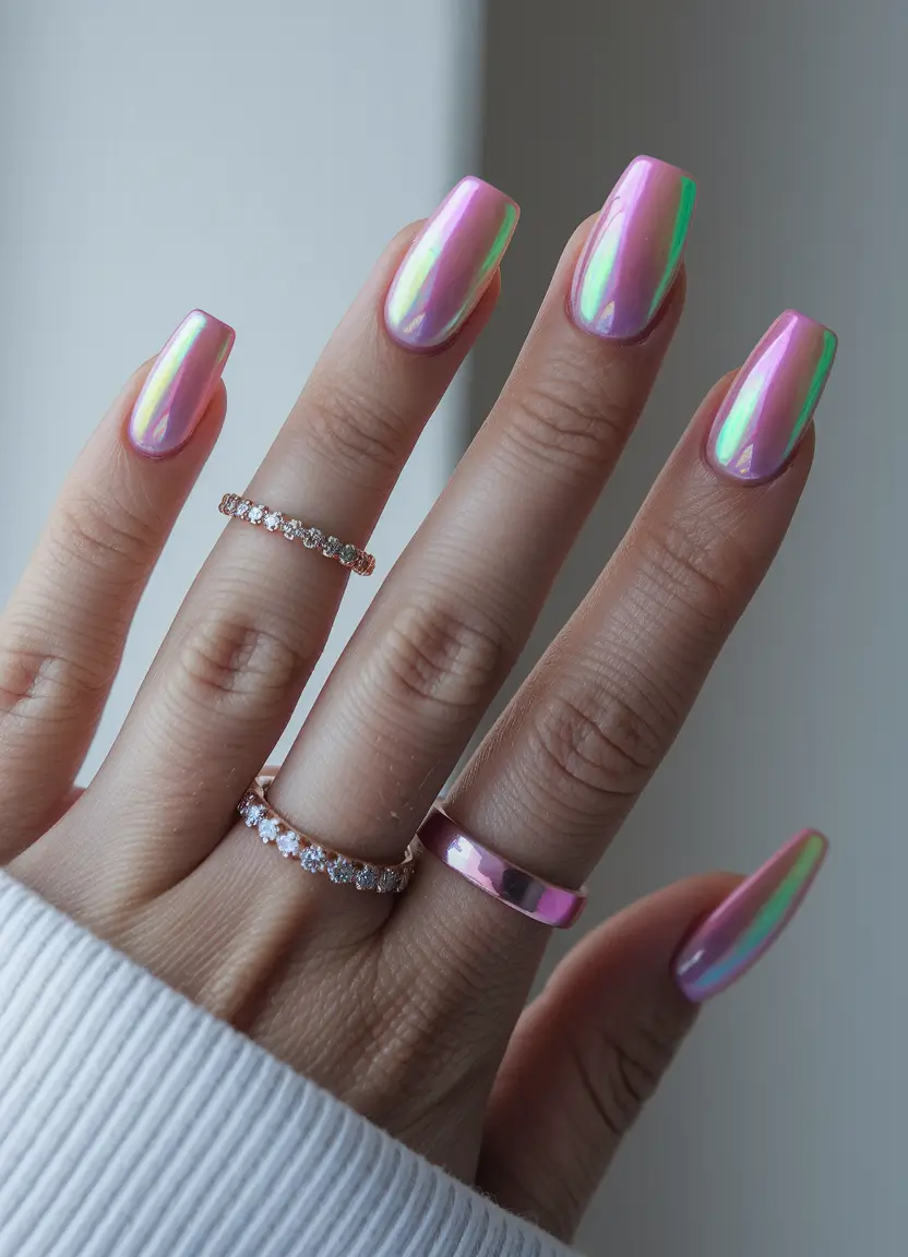 august nails colors 2025+Chrome Pink with Neon Edge Glow