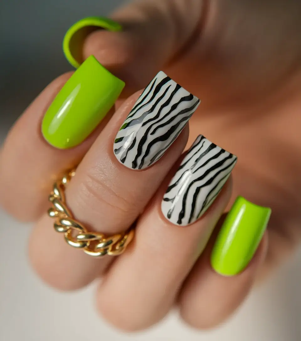 august nails colors 2025+Highlighter Lime Meets Zebra Stripes