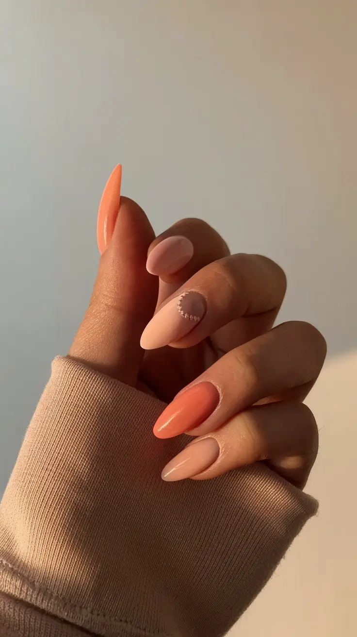 august nails colors 2025+Peach and Nude Duo with Crystal Accent