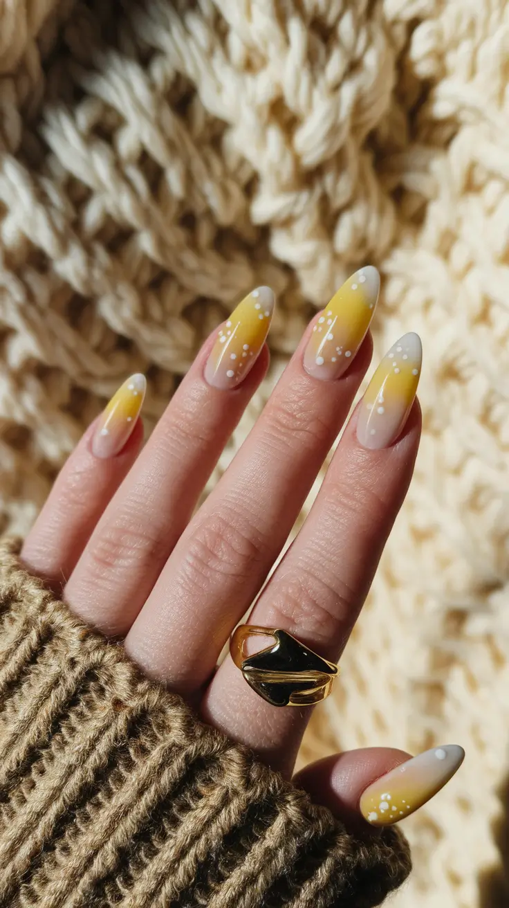 august nails colors 2025+Lemon Drop Yellow with Delicate White Dotting