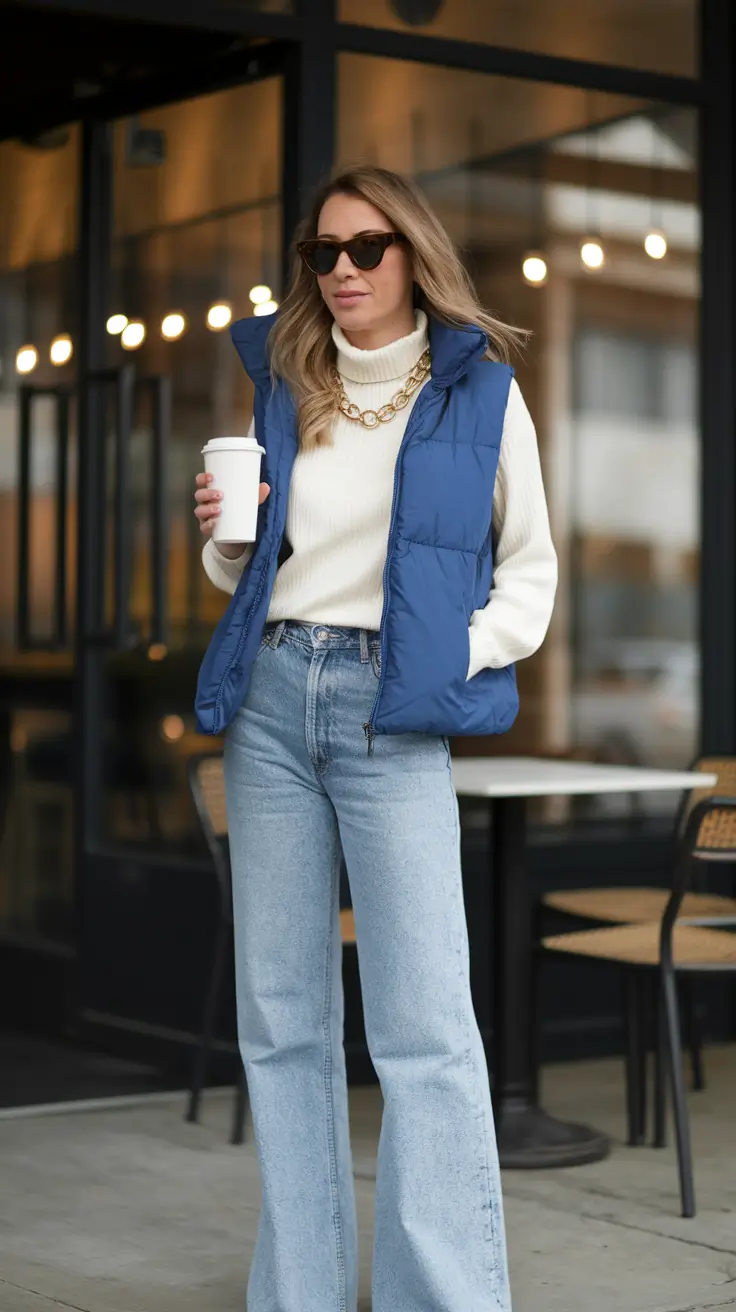 autumn outfits ideas 2025+Retro Denim and Cozy Puffer Balance