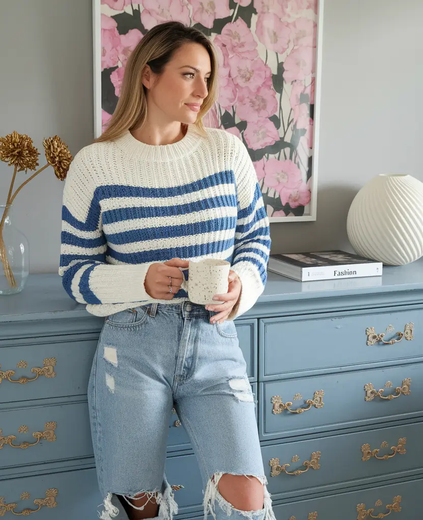 autumn outfits ideas 2025+Soft Knits and Ripped Denim for a Lived-In Feel