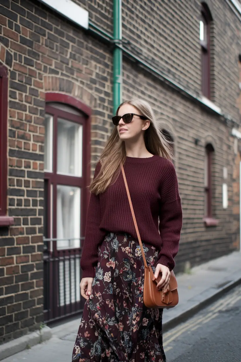 autumn outfits ideas 2025+Wine-Toned Romance with Florals That Don’t Try Too Hard
