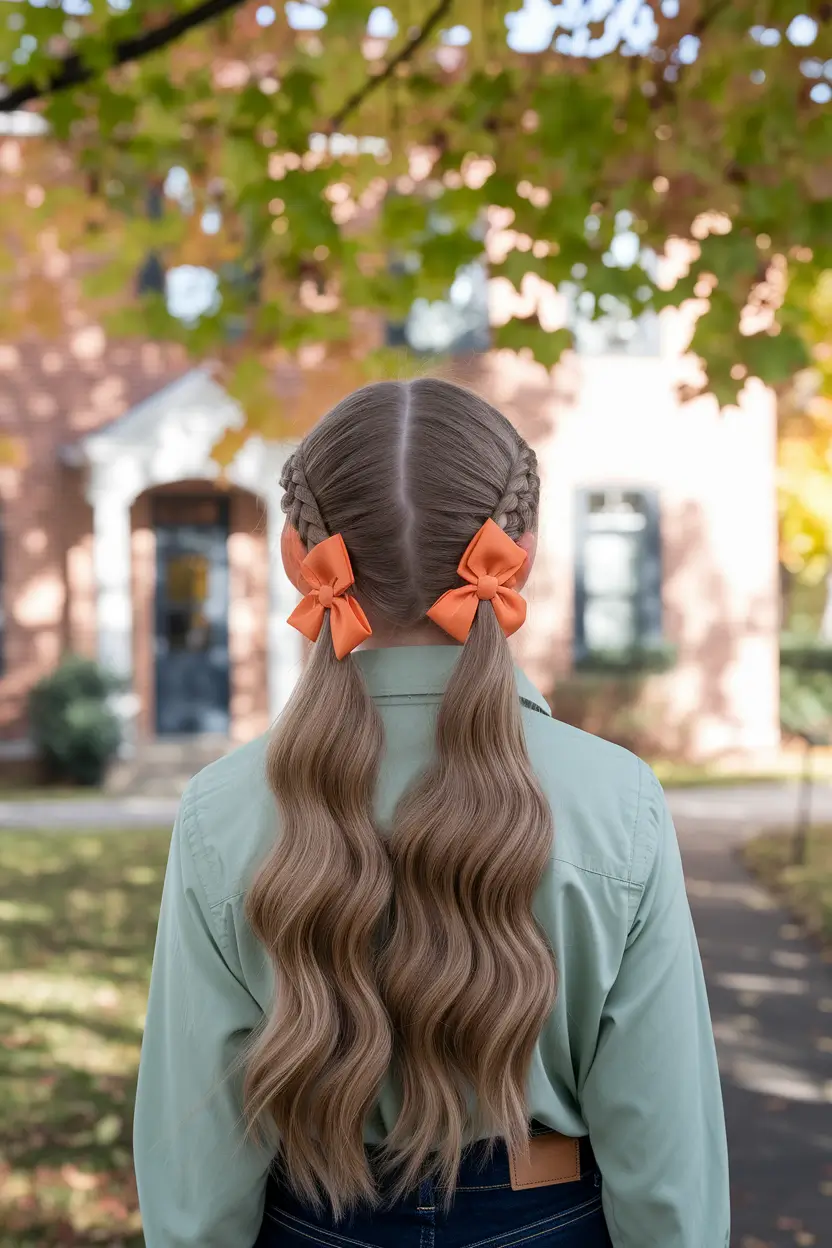 back to school hairstyles - cute ideas 2025 Wavy Pigtails with Braided Crown and Bows