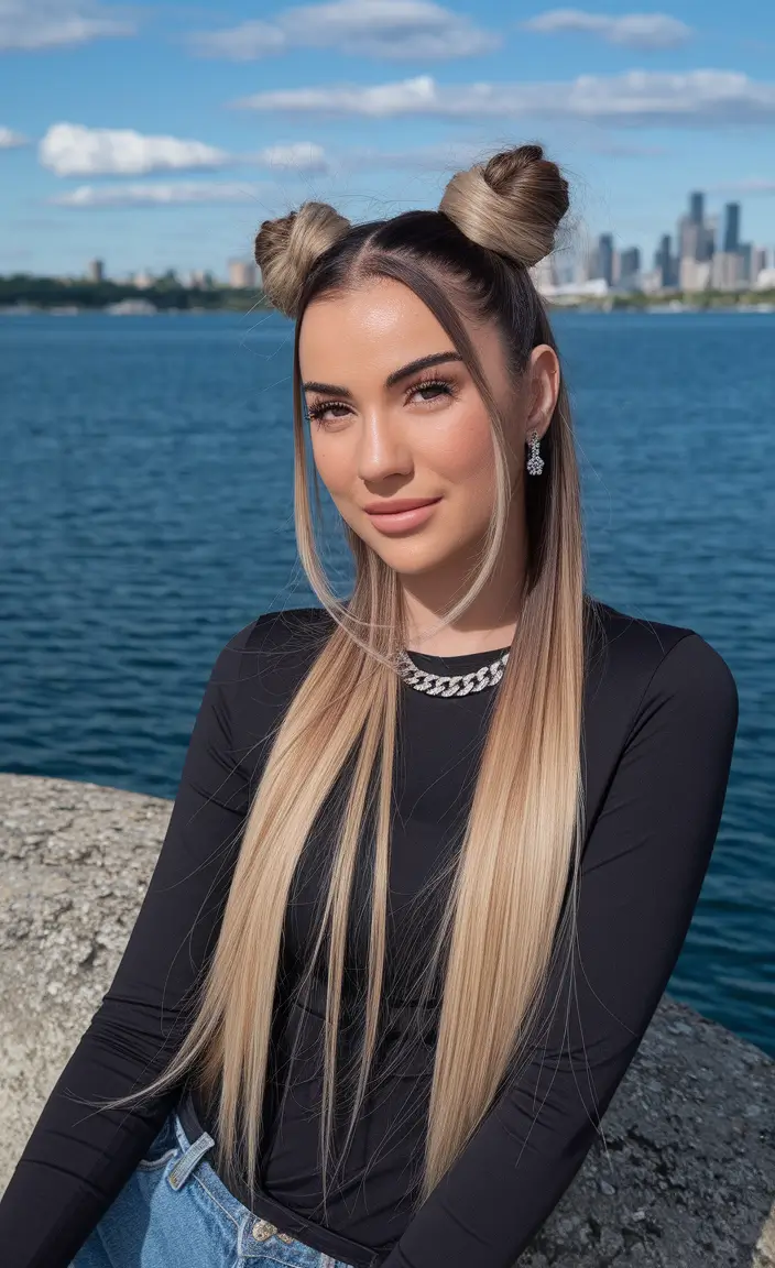 back to school hairstyles - cute ideas 2025 Double Buns with Long Front Strands