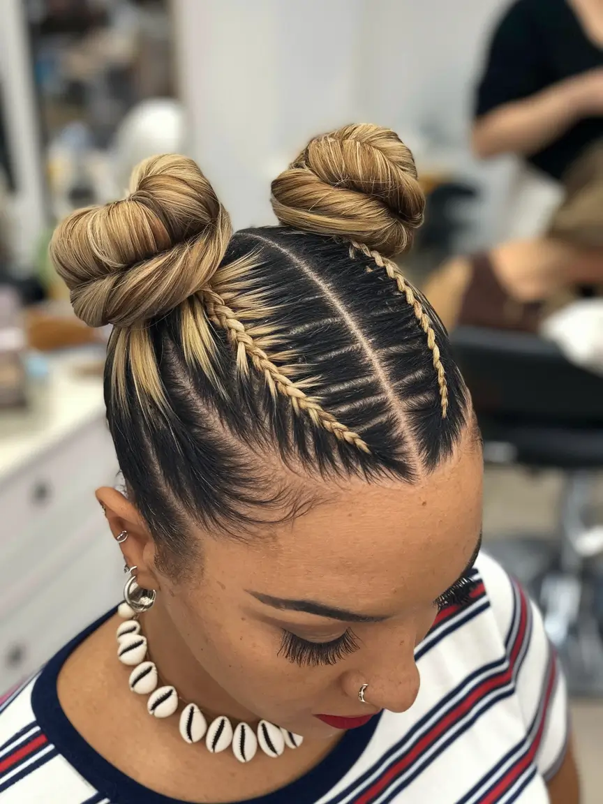 back to school hairstyles - cute ideas 2025 Cornrow Space Buns with Defined Parting