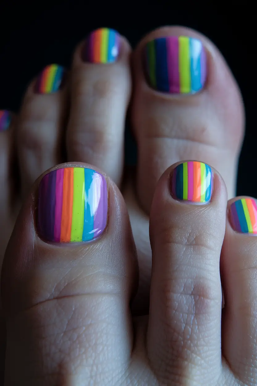 beach toe nails ideas 2025 Bold Rainbow Stripes for a Playful Beach Vibe