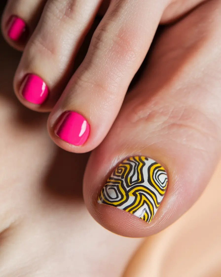 beach toe nails ideas 2025 Neon Pink Meets Psychedelic Line Art