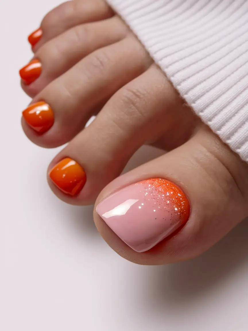 beach toe nails ideas 2025 Peach Sunset with a Sparkling Fade