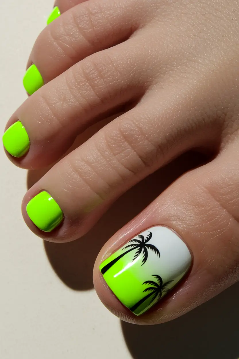 beach toe nails ideas 2025 Neon Palm Tree Silhouettes