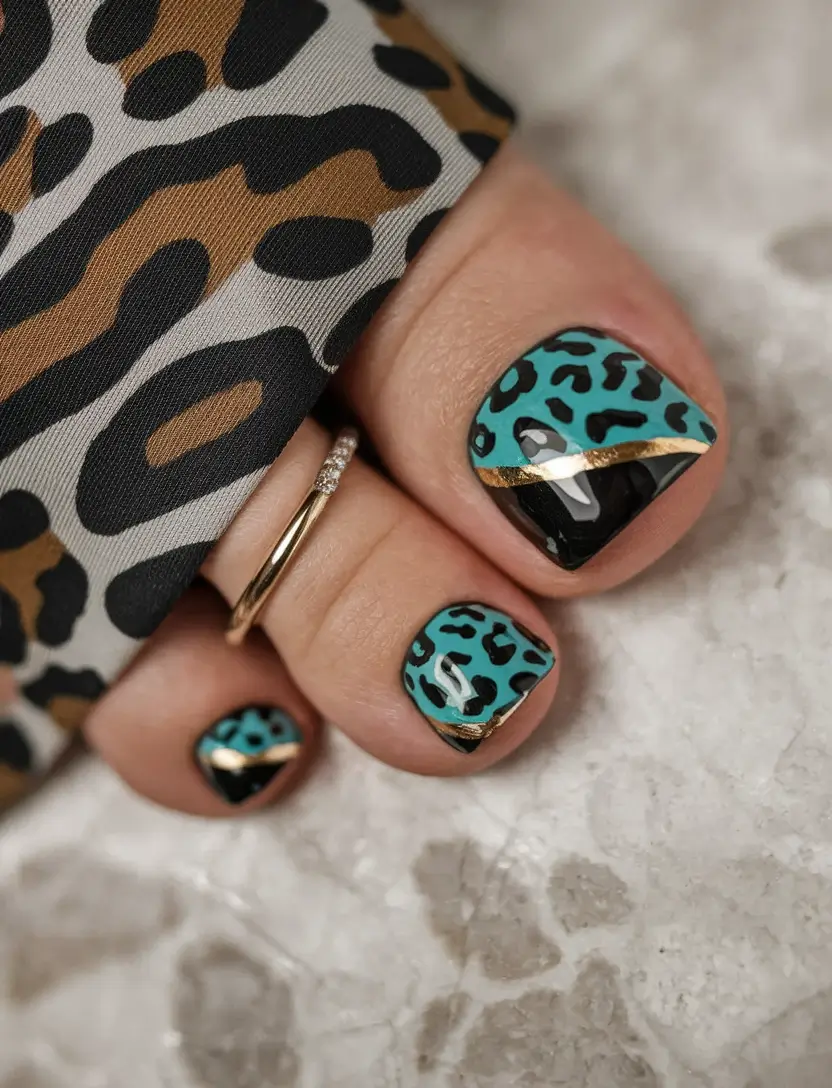beach toe nails ideas 2025 Leopard Chic with Metallic Accent