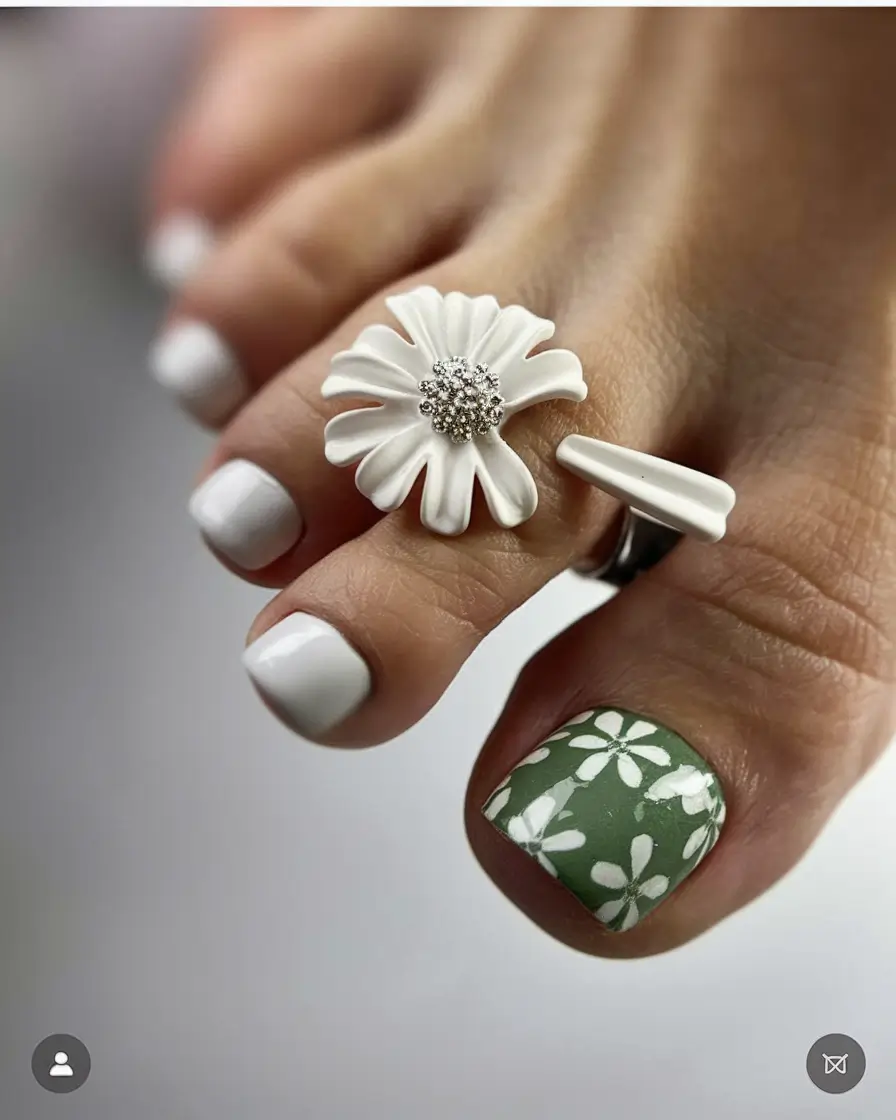 beach toe nails ideas 2025 Matte Olive and White Daisies