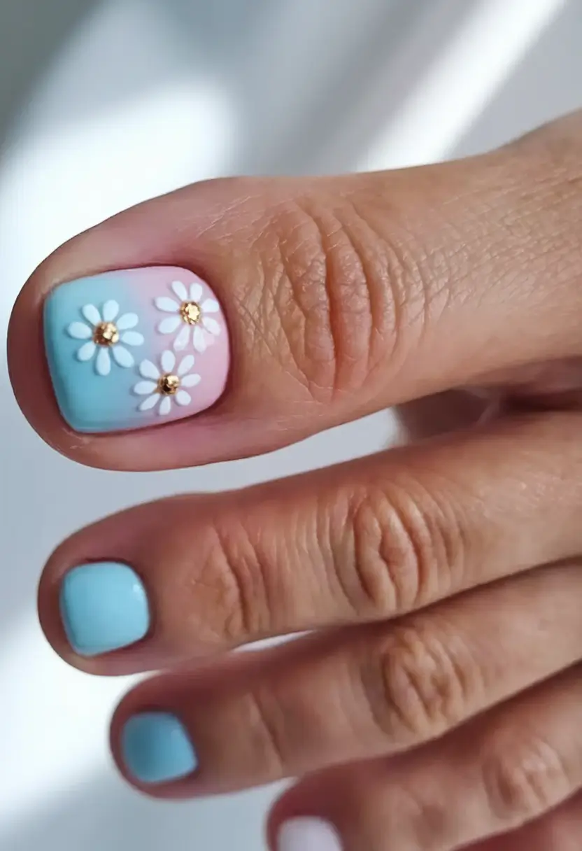 beach toe nails ideas 2025 Pastel Daisy Dreams with Crystal Accents