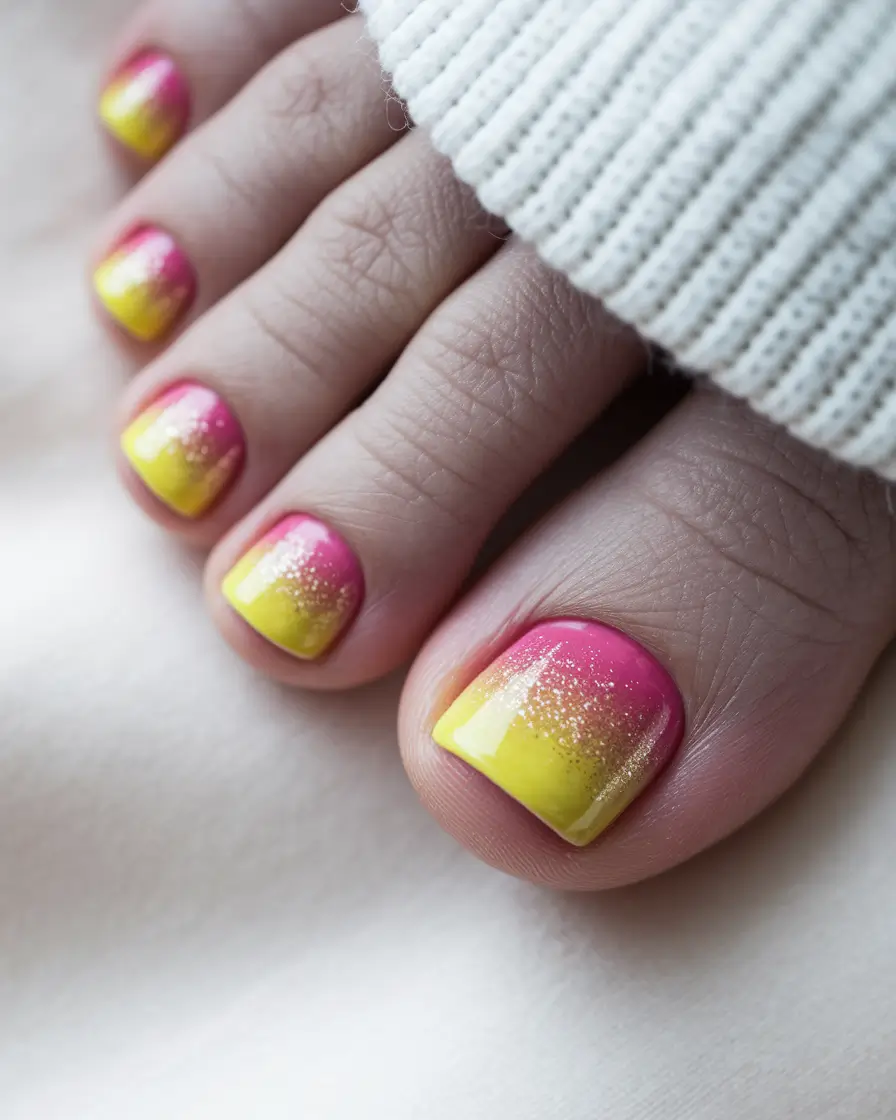 beach toe nails ideas 2025 Sunset Ombre with Glitter Fade