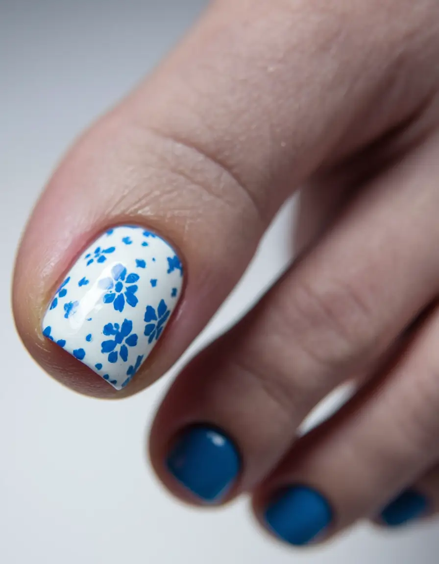 beach toe nails ideas 2025 Delicate Porcelain Blossoms in Blue and White