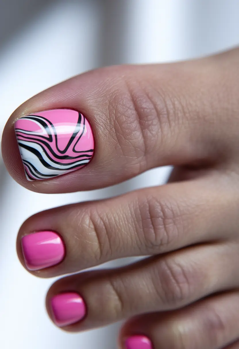 beach toe nails ideas 2025 Hot Pink Glaze with Graphic Marble Accent