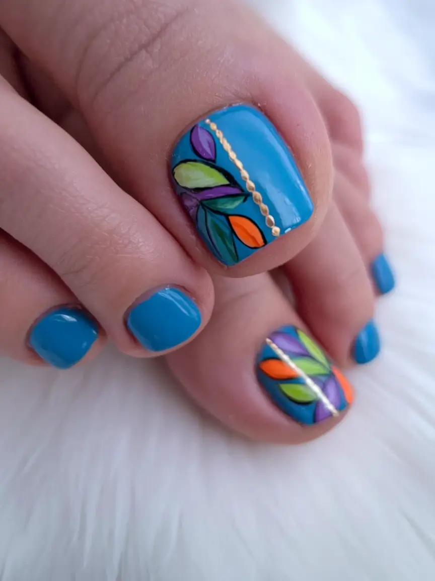 beach toe nails ideas 2025 Bright Botanical Accent with Tropical Hues