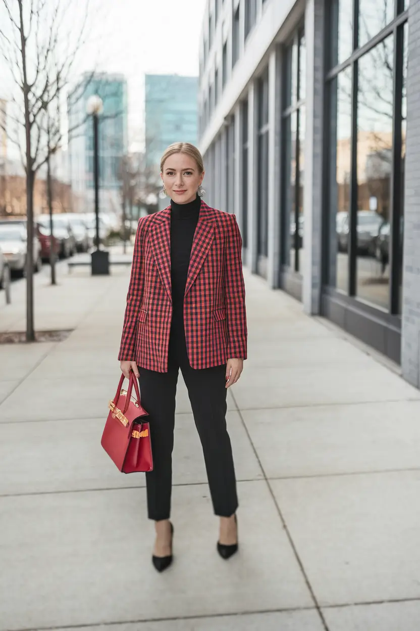 fall business casual outfits 2025 Power Plaid and a Red Pop