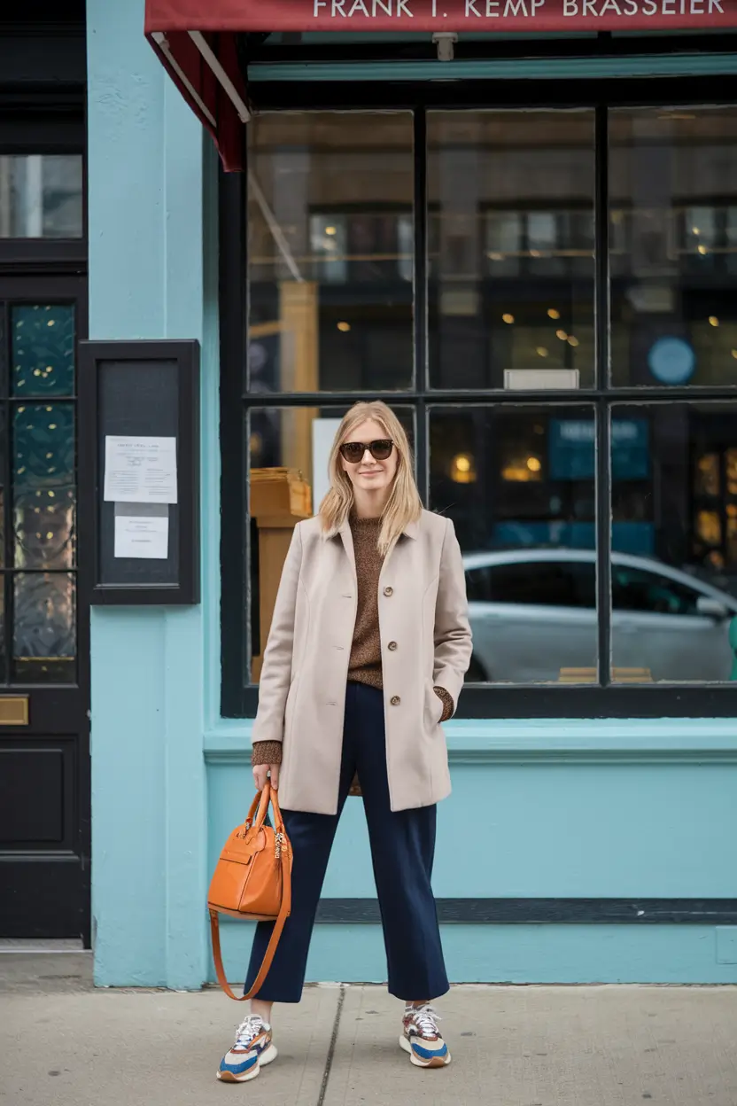 fall business casual outfits 2025 Warm Neutrals and Playful Contrast for City Days
