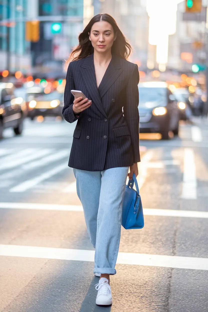 fall business casual outfits 2025 Pinstripes and Punchy Blue