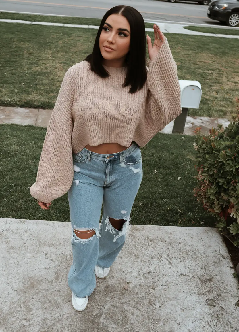 fall outfits latina women Chunky Crop Meets Distressed Denim