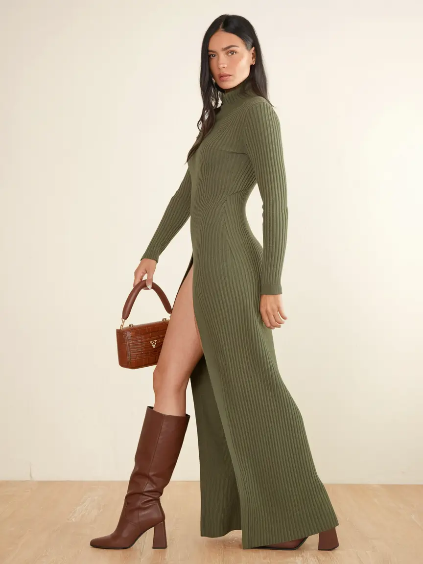 cute fall outfits for women 2025 Olive Elegance with a High-Slit Statement