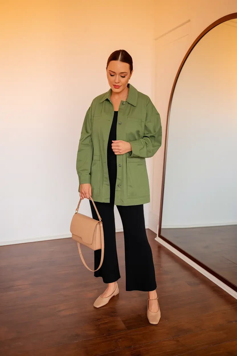early fall outfits ideas 2025 Green Utility with Effortless Lines