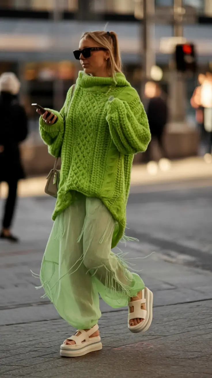 early fall outfits ideas 2025 Neon Knit Layers with Fringe Energy
