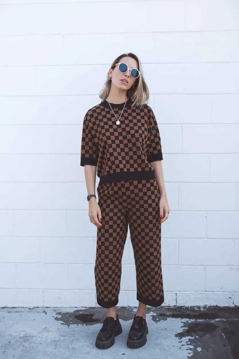 early fall outfits ideas 2025 Checkmate: Graphic Knits and Retro Cool