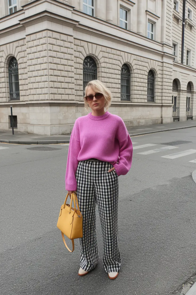 early fall outfits ideas 2025+Gingham and Brights for Elevated Errands