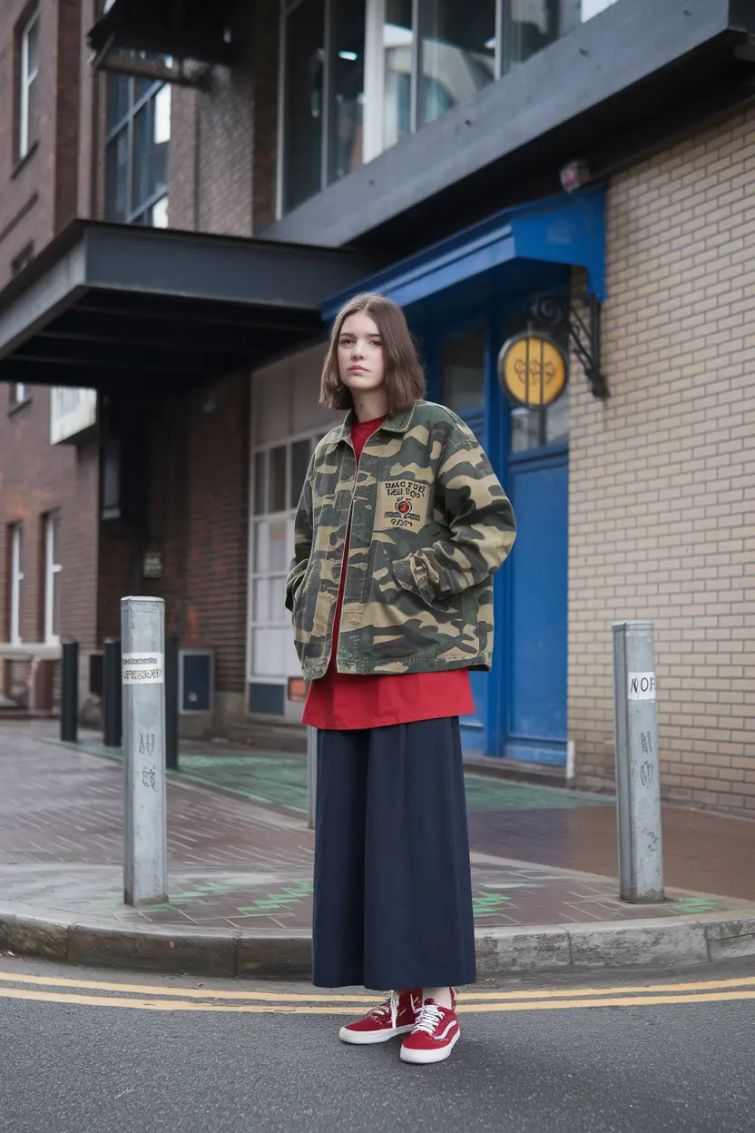 early fall outfits ideas 2025+Camouflage and Culottes for Urban Attitude