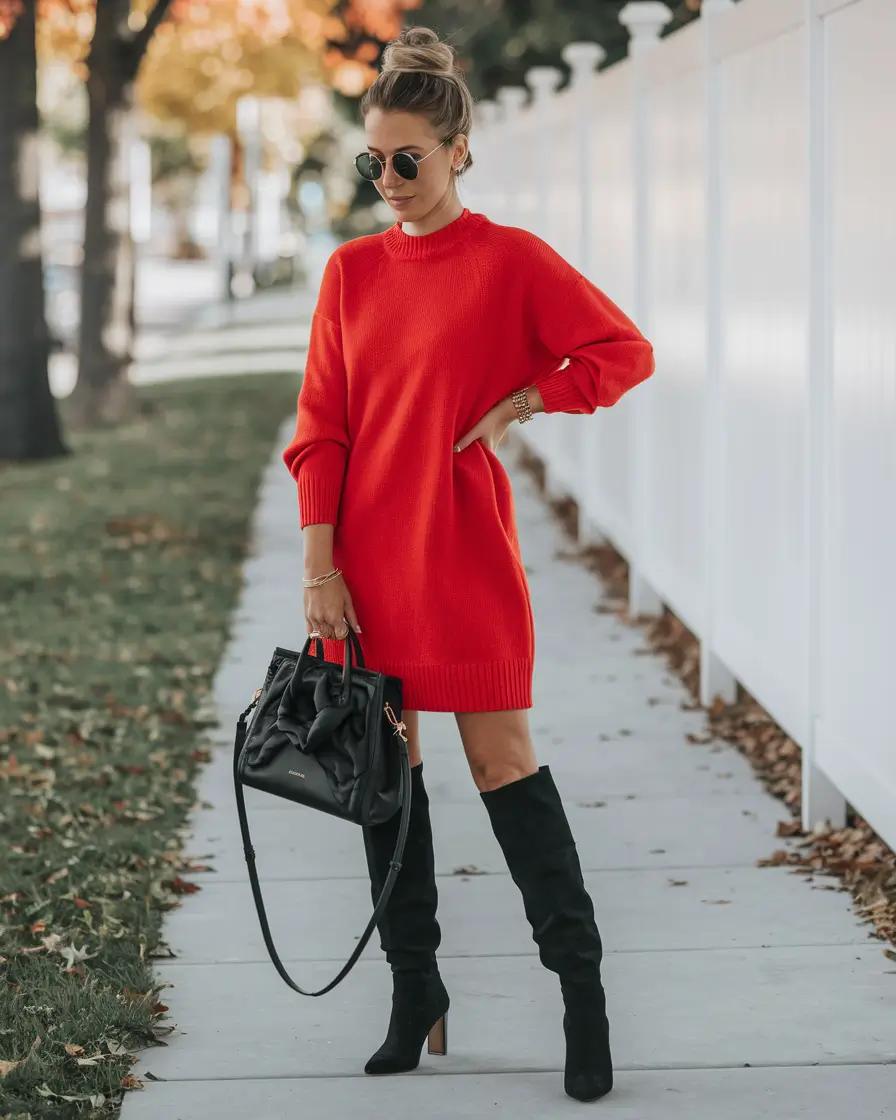 early fall outfits ideas 2025 Crimson Knit and Black Suede Confidence