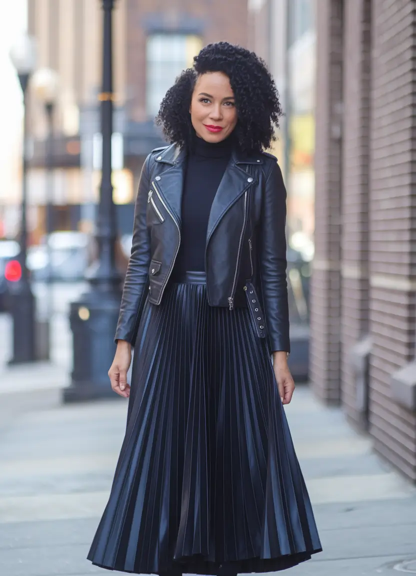 early fall outfits ideas 2025 All Black, All Class: Leather and Pleats