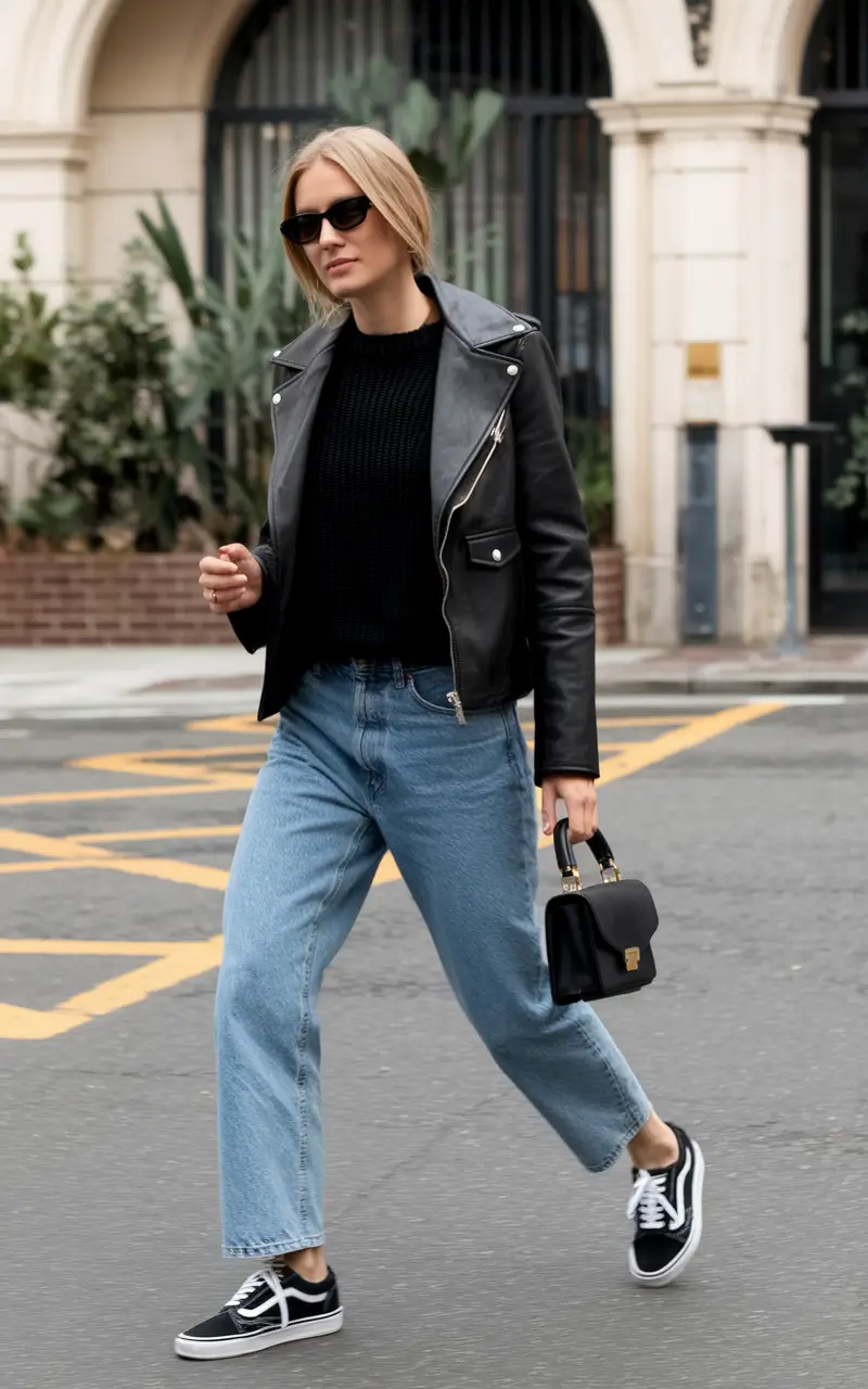 fall transition outfits jeans Black Sweater and Leather Moto: Minimal Cool Girl