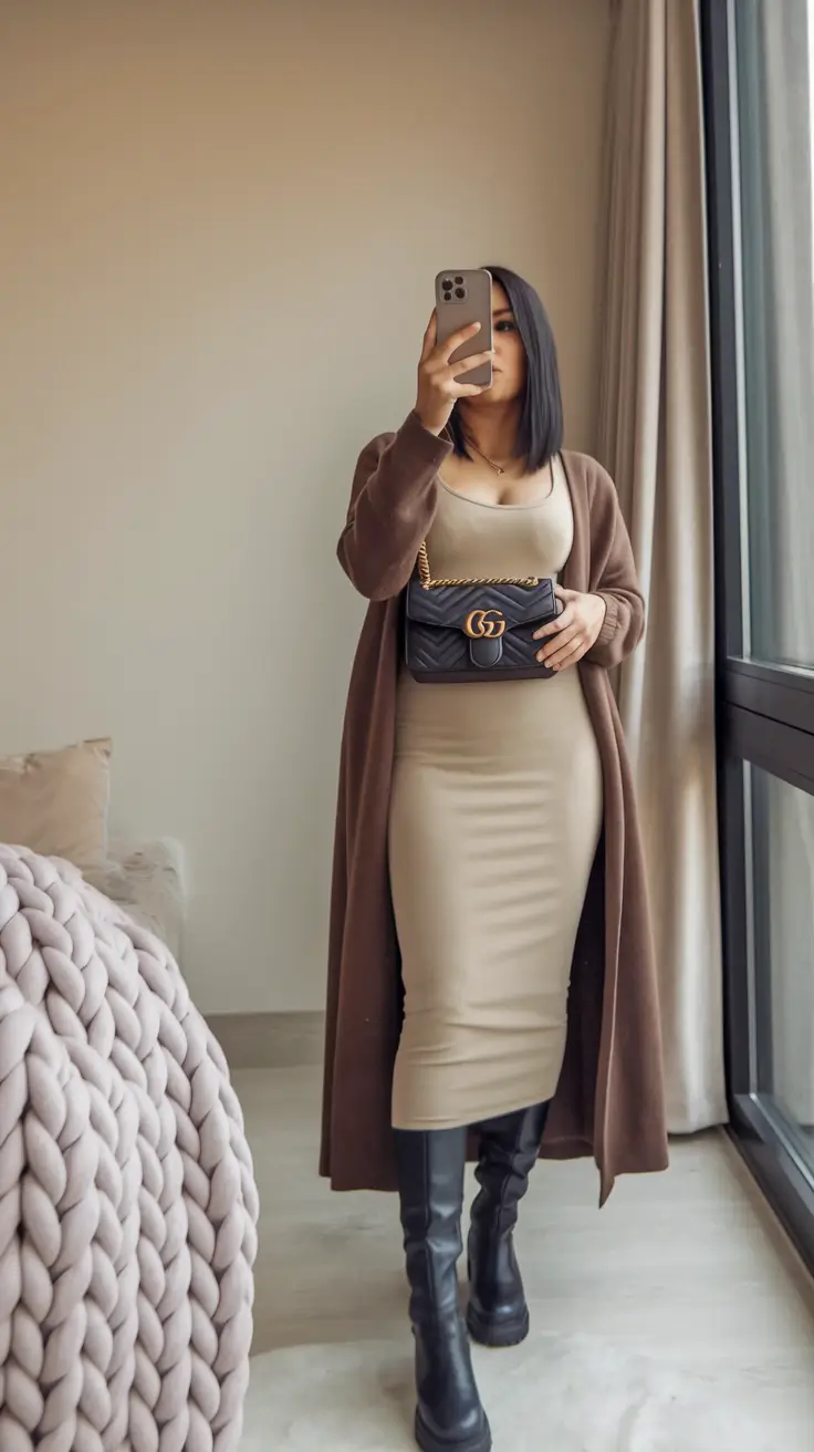 fall transition outfits dress Sleek Neutrals and Long Layers: Luxe and Effortless