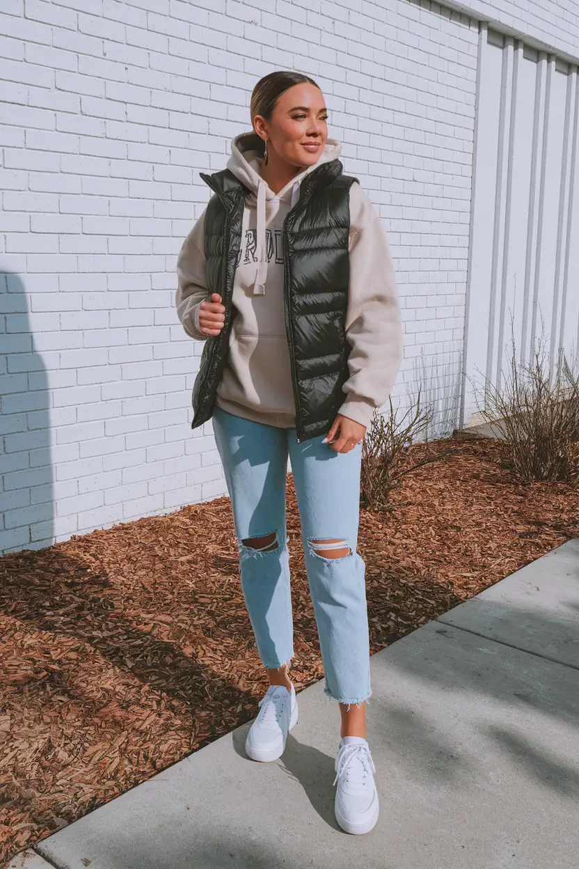 fall transition outfits hot weather Puffer Vest and Hoodie: Streetwear Chill with Warm Intent