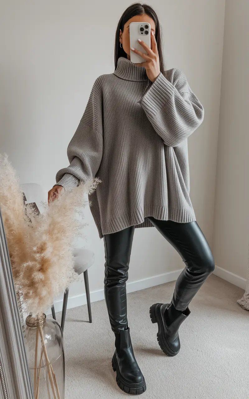 fall transition outfits 2025 Chunky Knit Meets Sleek Leather