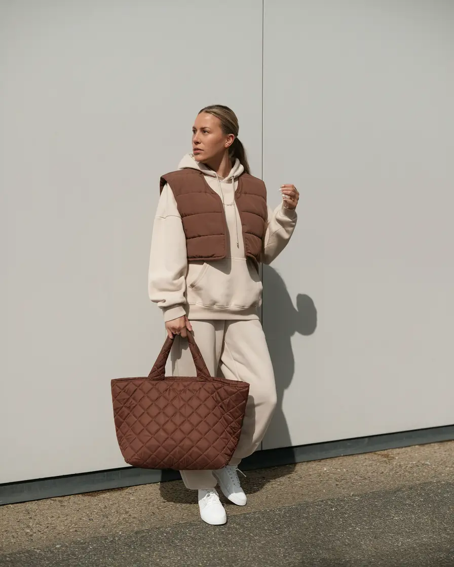 fall transition outfits casual Cream Hoodie Set with Quilted Everything